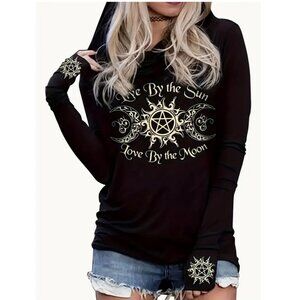 Graphic Gothic Black Hooded Long Sleeve T Shirt Moon and Star Women's Small New